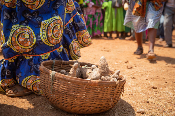 Zbliżenie koszyka zawierającego Yam, bulwę, podczas uroczystości w Kamerunie, Afryka - Zdjęcie, obraz