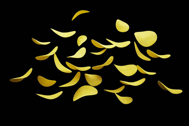Crispy potato chips flying in the air. On an black background. Fast food. - Photo, Image