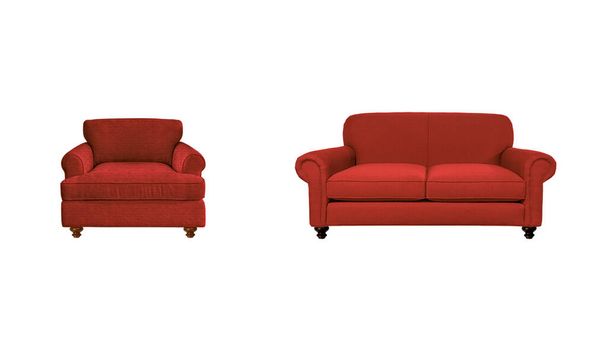 Sillón clásico y sofá estilo art deco en terciopelo rojo con patas de madera con recorte aislado sobre fondo blanco. Serie de muebles - Foto, Imagen