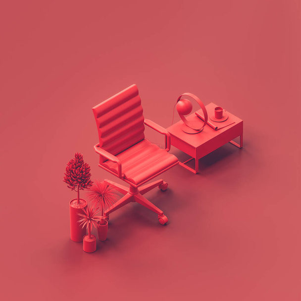 Ισομετρική καρέκλα σε κόκκινο δωμάτιο. Μονόχρωμη μονόχρωμη μονόχρωμη καρέκλα χρώματος σε καθιστικό με φυτό, φωτιστικό δαπέδου και πλευρικό τραπέζι. 3d Αποτύπωση, κανείς - Φωτογραφία, εικόνα