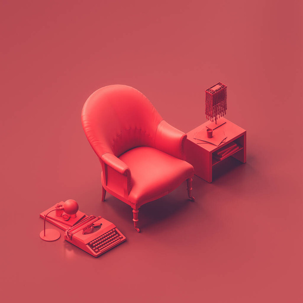 Isometric single armchair in a red room. Monochrome single red color armchair in livingroom with plant, floor lamp and side table. 3d Rendering,nobody - Photo, Image