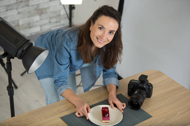 woman vlogger baking and recording video for food channel - Photo, image