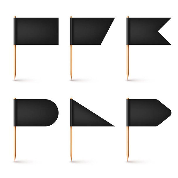 Banderas realistas de varios palillos de dientes. Palillos de madera con bandera de papel negro. Marca de ubicación, puntero de mapa. maqueta en blanco para publicidad y promociones. Ilustración vectorial - Vector, imagen