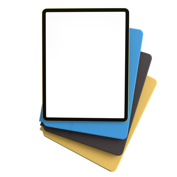 Set of computer tablets with cover case and blank screen isolated on white. - Foto, Imagen