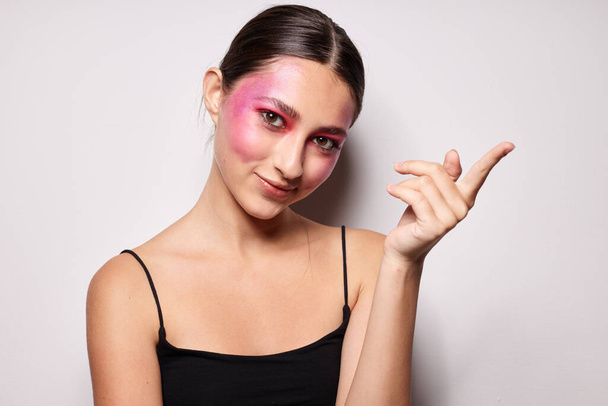 Sexy brunette woman pink face makeup posing attractive look light background unaltered - Φωτογραφία, εικόνα