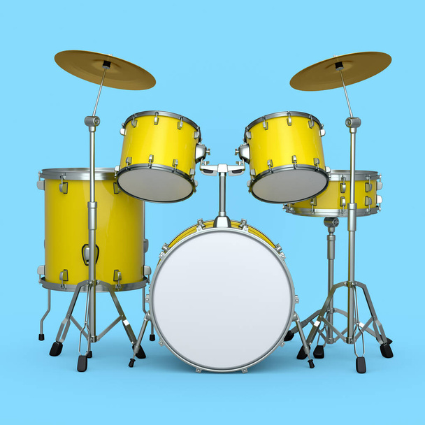 Set of realistic drums with metal cymbals on blue background. 3d render concept of musical percussion instrument, drum machine and drumset - 写真・画像