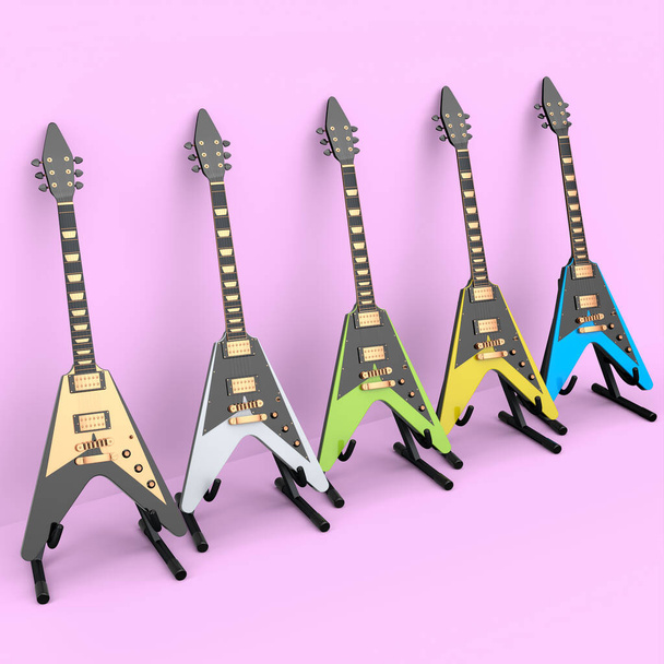 Set of electric acoustic guitar isolated on pinkbackground. 3d render of concept for rock festival poster with heavy metal guitar for music shop - Foto, imagen