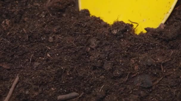 Κοντινή προβολή στο κίτρινο σέσουλα κήπου μαζεύοντας χώμα για φύτευση σπόρων. Full HD banner κηπουρικής αργής κίνησης - Πλάνα, βίντεο