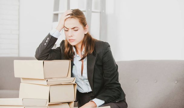 Sad secretary girl, stressed overworked businesswoman too much work, office problem. Tired stressed young woman employee at office. - Fotoğraf, Görsel