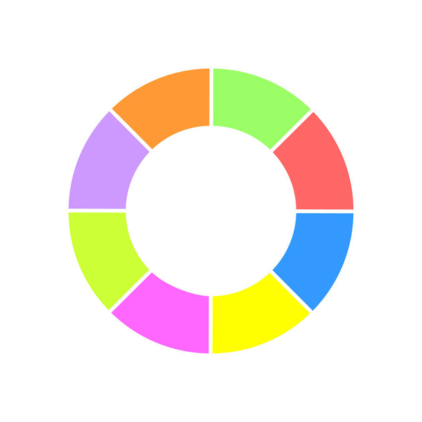 Gráfico de donuts. Diagrama redondo colorido segmentado em 8 setores. Ícone da roda infográfica. Forma de círculo cortada em oito partes iguais isoladas em fundo branco - Vetor, Imagem