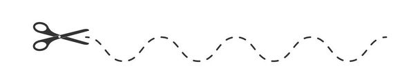Scheren-Symbol mit gewelltem punktierten Schnitt hier Linie. Piktogramm für Gutschein, Gutschein, Etikett, Papierseite. Einfache Darstellung von Umrissvektoren - Vektor, Bild