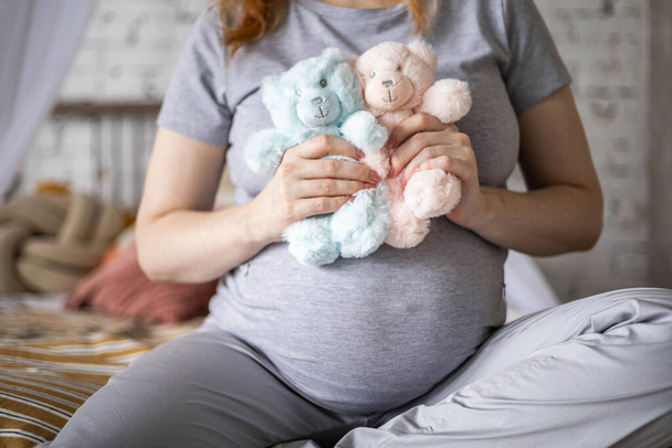 Happy pregnant woman sitting on bed at bedroom holding two cute bear toys awaiting twins baby - Fotografie, Obrázek