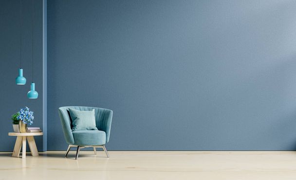 Woonkamer interieur mockup in warme tinten met fauteuil op lege donkerblauwe muur achtergrond.3D rendering - Foto, afbeelding