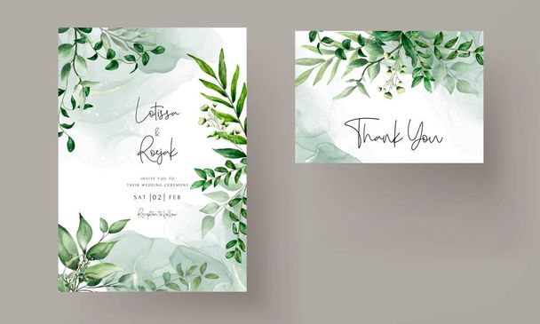 elegant hand drawn greenery leaves watercolor wedding invitation card - Vector, Image
