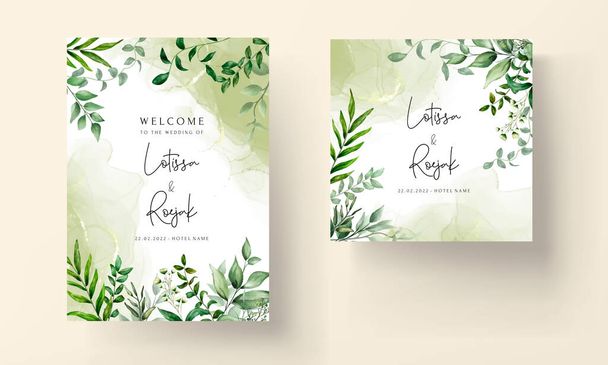 elegant hand drawn greenery leaves watercolor wedding invitation card - Vector, Image