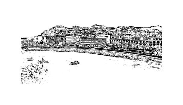 印刷Mindeloのランドマークとビルの景色はカーボベルデの港湾都市です。手描きのスケッチ図ベクトル. - ベクター画像