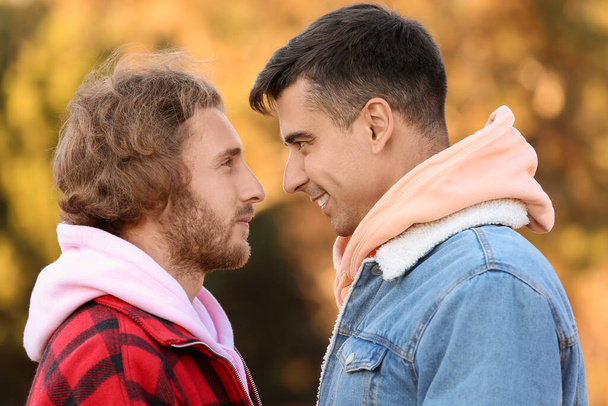 Happy gay couple outdoors on autumn day - Valokuva, kuva