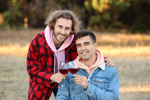 Feliz pareja gay bebiendo vino al aire libre - Foto, imagen