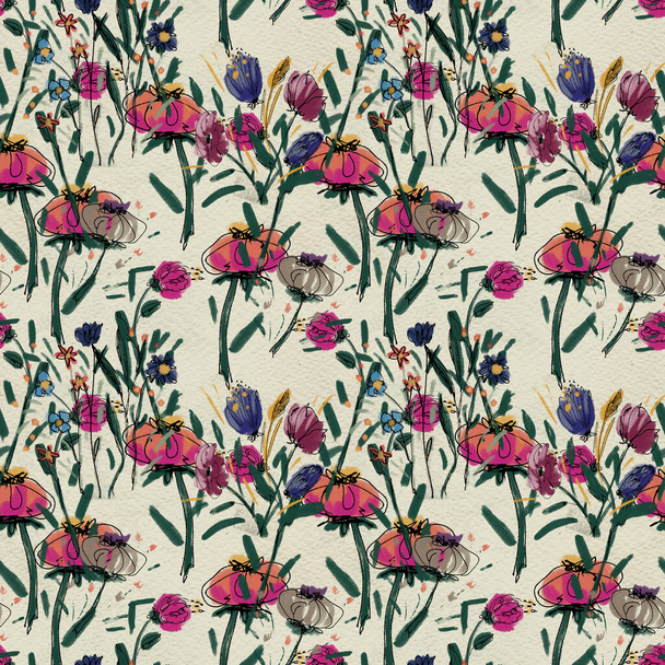 Seamless pattern with wildflowers on watercolor paper background. - Valokuva, kuva