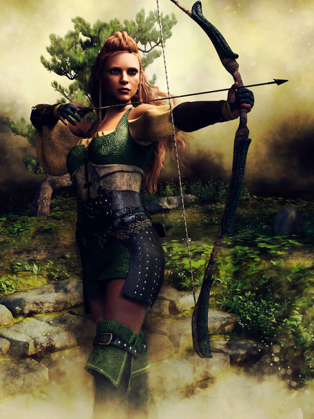 Young woman with a bow and arrow standing on a meadow near a small green tree. 3D render. - Foto, afbeelding