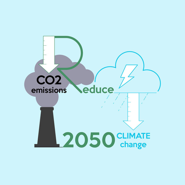 Reducir el diseño tipográfico con un truco de flecha hacia abajo representa la reducción de las emisiones de CO2 relacionada con la reducción del cambio climático. Esquema de ilustración vectorial estilo de diseño plano. - Vector, imagen
