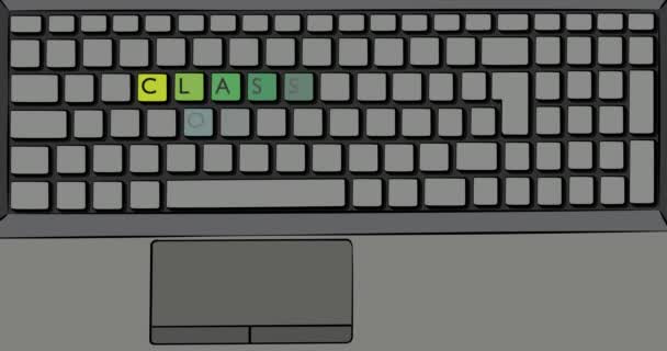Klasse des Wortes auf der Computertastatur. Tastatur mit farbigen Tasten auf dem Laptop. 4k Zeichentrickfilm im Comic-Stil. - Filmmaterial, Video