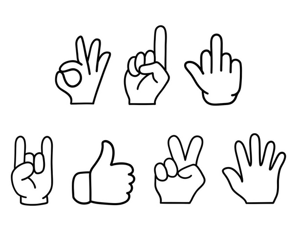 Een set van 7 handgebaren. Eenvoudige schets van Pictogrammen. Duim omhoog overwinning palm middelvinger een rots en ok teken. - Vector, afbeelding