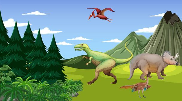 Scène avec des dinosaures dans l'illustration de la forêt - Vecteur, image