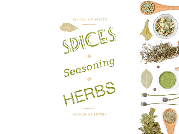 Different spices and herbs  on white background. top view - Photo, Image