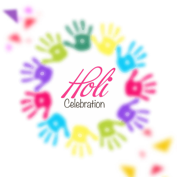 Holi Celebration Font Against Blurred Colorful Handprints Forming A Circle On White Background. - Vecteur, image