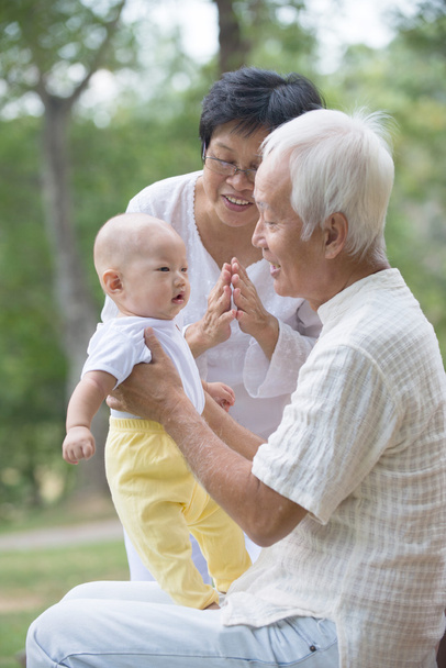 Бабусі і дідусі грають з онуком
 - Фото, зображення