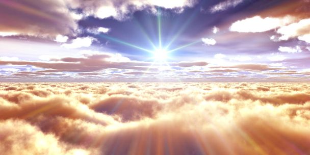 au-dessus des nuages voler coucher de soleil rayon de soleil illustration, rendu 3d - Photo, image