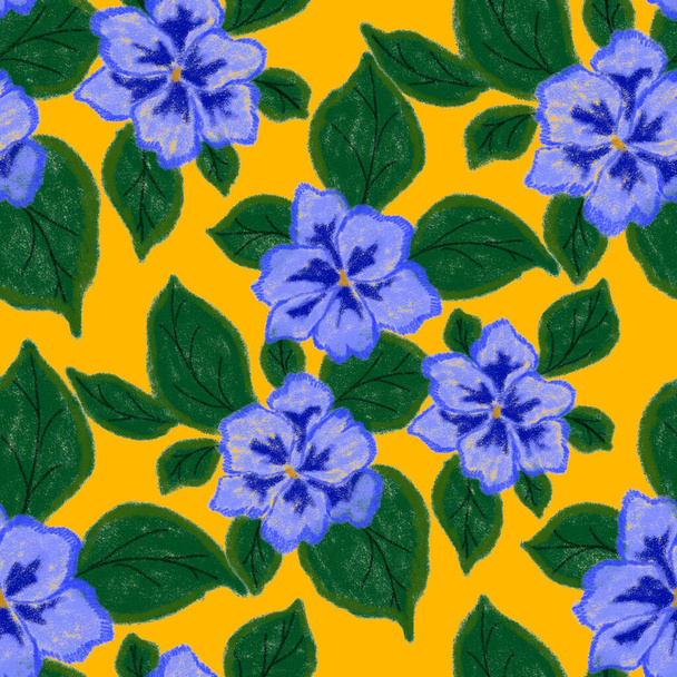 Kreative, nahtlose Muster mit abstrakten Blumen, die mit Wachsmalstiften gezeichnet wurden. Farbenfroher floraler Druck. - Foto, Bild
