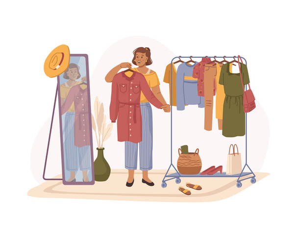 Donna cercando vestiti, armadio e specchio vettore - Vettoriali, immagini