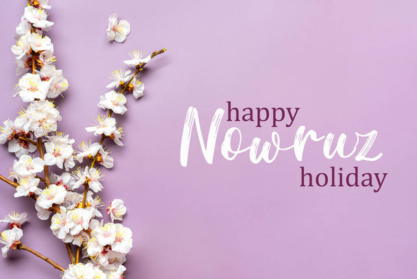 Sprigs of the apricot tree with flowers on pink background Text Happy Nowruz Holiday Concept of spring came Top view Flat lay Hello march, april, may, persian new year - Fotografie, Obrázek