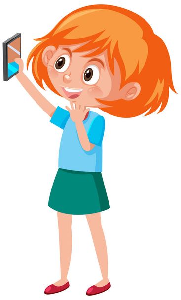 Fille mignonne prenant selfie avec illustration de téléphone - Vecteur, image
