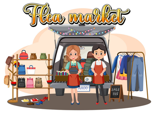 Flea market concept with cartoon character illustration - Vector, Image