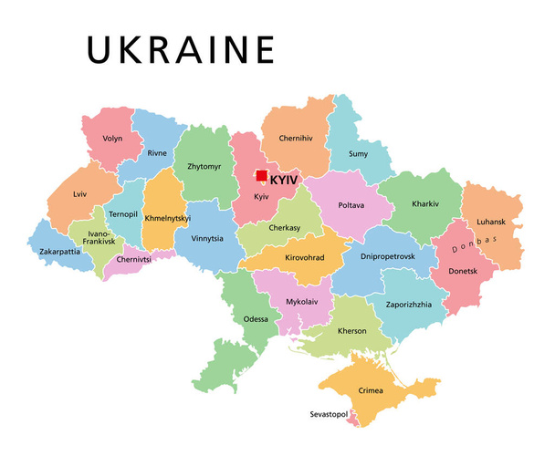 Oekraïne, gekleurde land onderverdeling, politieke kaart. Administratieve afdelingen van Oekraïne, met administratieve centra, een unitaire staat in Oost-Europa met hoofdstad Kiev (Kiev). Illustratie. Vector. - Vector, afbeelding