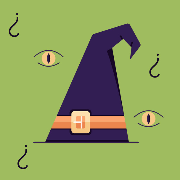   Een heksenhoed, een heksenhoofdtooi, een poster met een hoed omringd door een alziend oog en een vraagsymbool. Vectorillustratie - Vector, afbeelding