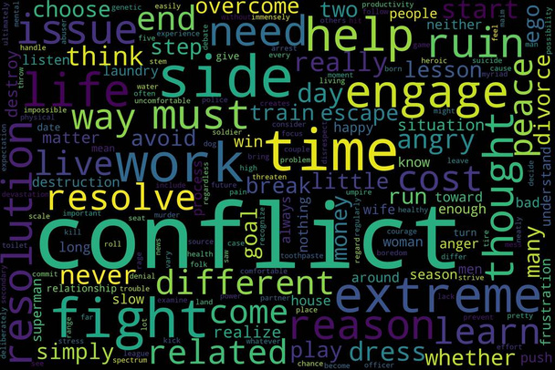 Word cloud of conflict concept on black background. - Photo, Image