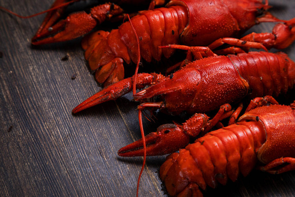 delicacy for beer, boiled red crayfish with lemon and bay leaves - Фото, изображение