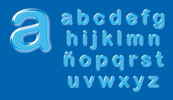 3D ilustrace křišťálové a vodní abecedy. Dopisy od A do Z v malých písmenech. Na modrém pozadí. - Fotografie, Obrázek