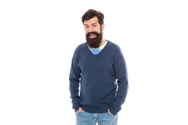 happy mature guy with beard isolated on white background, fashion - Photo, Image