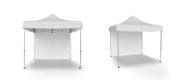 2 Uitzicht op een Tentoonstelling Marquee Gazebo Tent met een enkele achterwand en geïsoleerd op een witte achtergrond. 3d render voor illustratie en mockups. - Foto, afbeelding