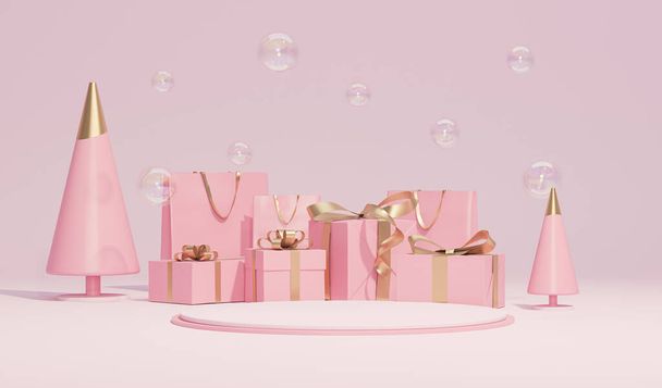 Minimální nákupní reklamní koncept s nákupní tašky s bublinou a dárky na pastelově růžové a korálové pozadí. Koncept prázdninového plakátu, banneru, průvodní karty, brožury, ateliéru, makléřství. 3D vykreslování - Fotografie, Obrázek