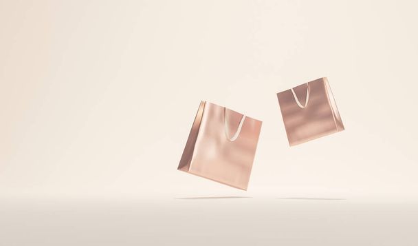 Concepto de publicidad comercial mínima con bolsas de compras rosegold flotando sobre fondo blanco y beige. Compras concepto de pago en línea. 3d renderizar - Foto, imagen