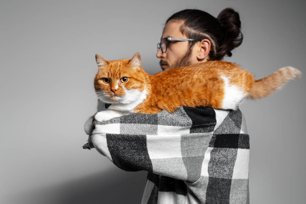 Studio πορτρέτο της ερυθρόλευκης γάτας που βρίσκεται στο ανδρικό χέρι, σε γκρι φόντο. - Φωτογραφία, εικόνα