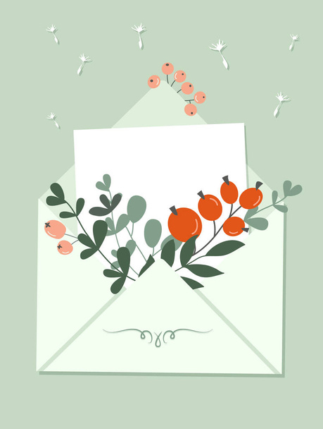 A piece of white paper, leaves of plants and berries sticks out of the envelope. Template for greeting card or invitation. Botanical vector illustration, flat style. - Vector, Imagen