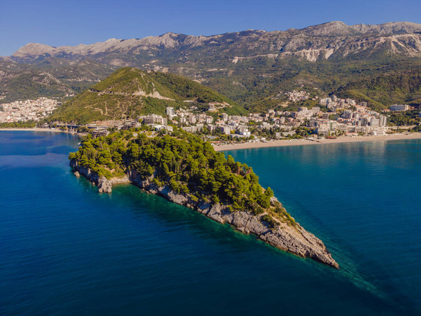 Aerophotography. View from flying drone. Panoramic cityscape of Budva, Montenegro. Top View. Beautiful destinations - Foto, imagen