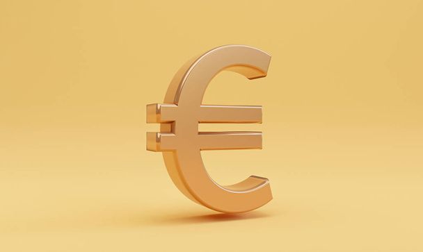Gouden euro teken op gele achtergrond voor geld wisselen en geld overmaken concept, Euro is het belangrijkste geld van de Europese Unie regio door 3d render. - Foto, afbeelding